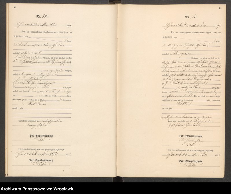Obraz 20 z jednostki "księga urodzeń Urzędu Stanu Cywilnego w Goszczu (Goschütz) 1897"