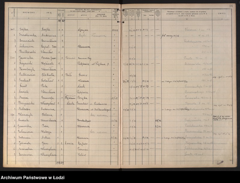 Obraz 19 z jednostki "Księga kontroli ruchu ludności (rejestr osób opuszczających gminę) Łódź, komisariat X, nr 1-624, nr 1-1443, nr 1-1453, 1-592"