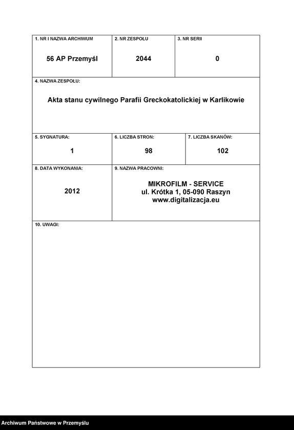 image.from.unit.number "Liber Metrices Natorum pro Parochia Ecclesia Karlikowiensis"