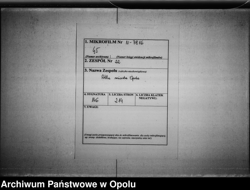 image.from.unit.number "["Protoculum" urzędu wójtowskiego miasta Opola (prowadzony przez hrabiego Jerzego Adama z Gaszyny, hetmana krajowego księcia opolsko - raciborskiego).]"