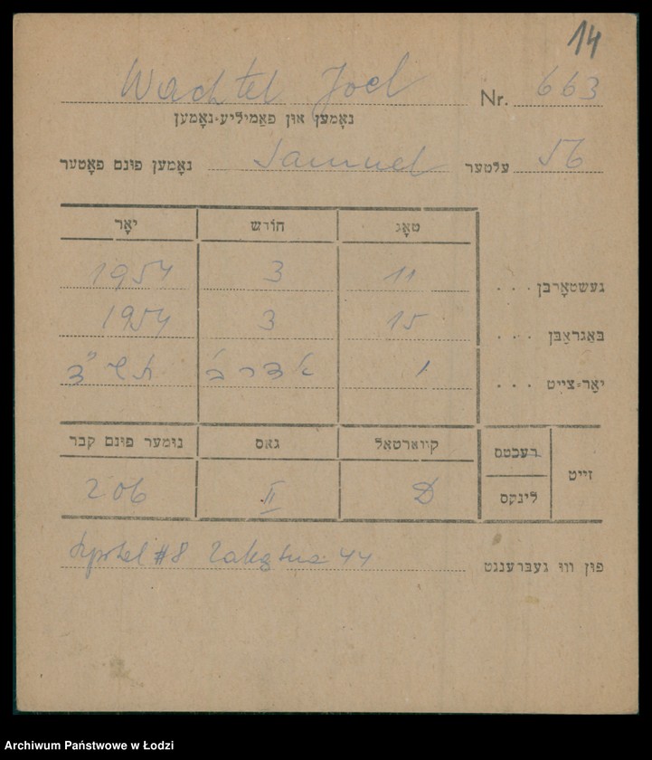 Obraz 15 z jednostki "Kartoteka osób pochowanych na cmentarzu żydowskim przy ulicy Brackiej w latach 1892-1953. Nazwiska na litery: Wac-Wajng"