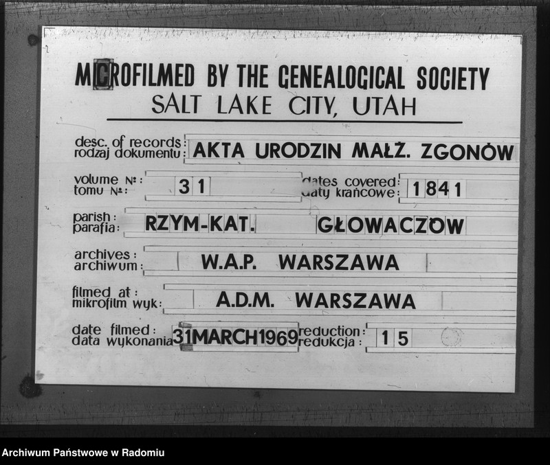 image.from.unit.number "Duplikat akt urodzenia, zaślubin i zeyścia z roku 1841 to jest od dnia 1 stycznia aż po koniec grudnia z parafii Głowaczów"