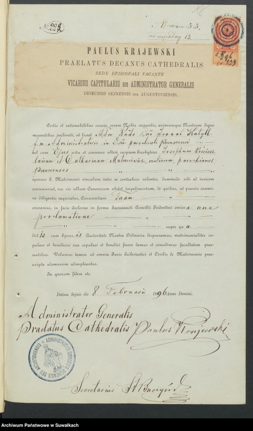 image.from.unit.number "Dokumenty Predstavlennyja k bračnym aktam v tiečeniu 1896 goda Punskogo Rimsko-Katoličeskogo prichoda"