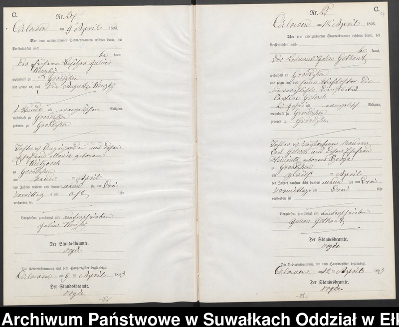 image.from.unit.number "Sterbe-Neben-Register des Preussischen Standes-Amtes Orlowen Kreis Loetzen für das Jahr 1893"
