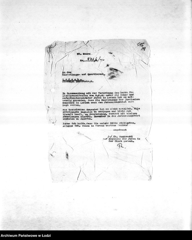 Obraz 20 z jednostki "[Korespondencja PSŻ w sprawie przesiedlenia Żydów do getta, zajmowania mieszkań i publicznych lokali, zamknięcia getta]"
