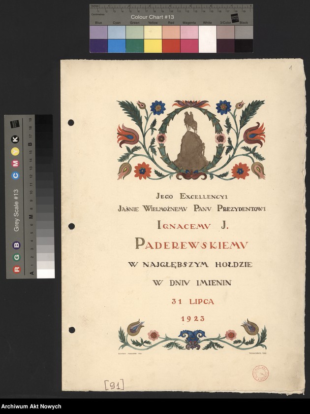 image.from.unit.number ""Jego Ekscelencji Jaśnie Wielmożnemu Panu Prezydentowi Ignacemu J. Paderewskiemu w najgłębszym hołdzie w dniu imienin - 31 lipca 1923". Album pamiątkowy z podpisami wielu znanych osób, oprawny we wzorzysty kilim"