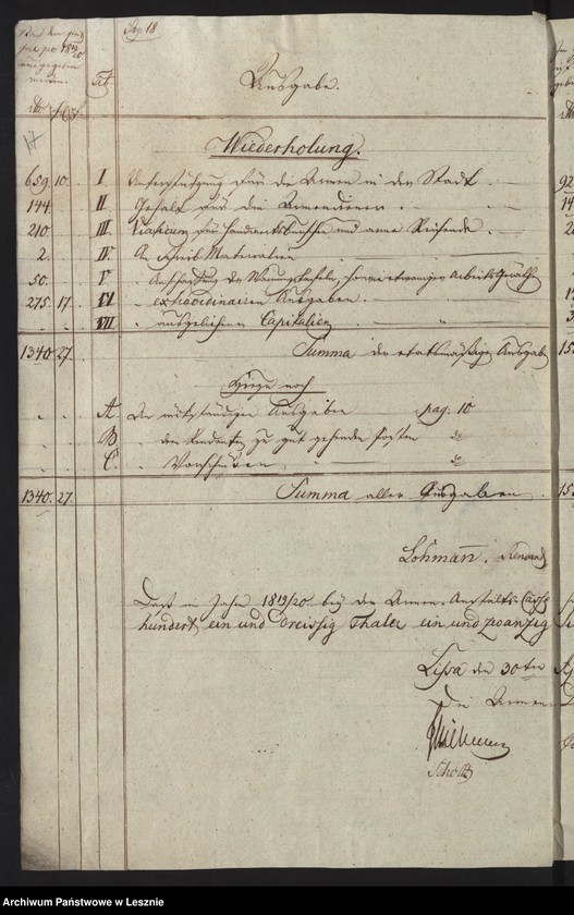 Obraz 20 z jednostki "[Rechnung über Einnahme und Ausgabe bei der Armenanstaltkasse der Stadt Lissa]"