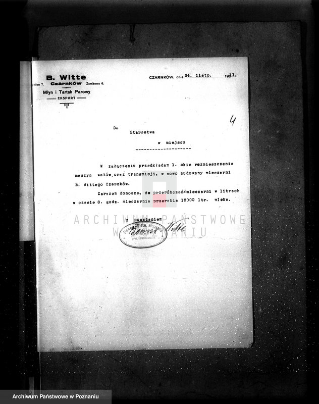 Obraz 8 z jednostki "Zatwierdzenie zakładu przemysłowego, urządzenia mleczarni nr 473 własność Benno Witte - Czarnków"