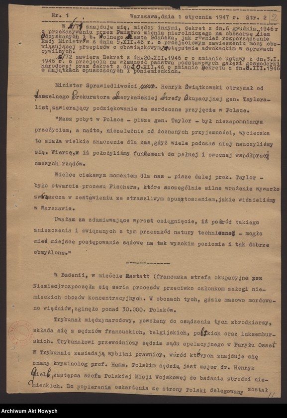 Obraz z jednostki "Biuletyny prasowe Ministerstwa Sprawiedliwości, tygodniowe za rok 1947"