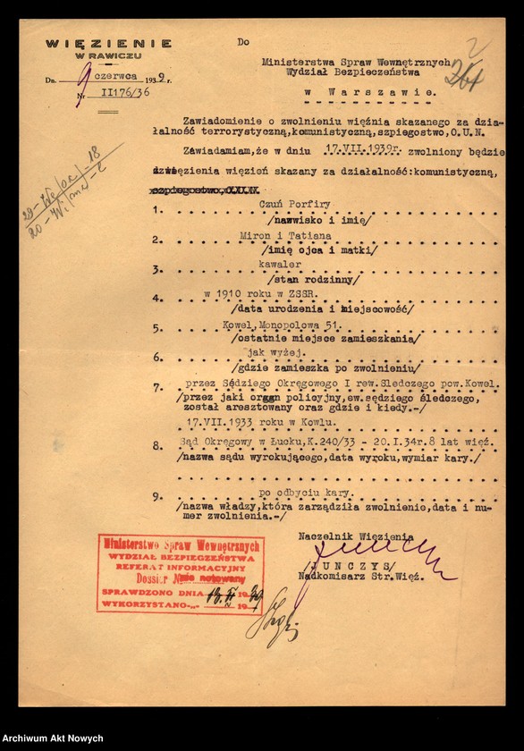 image.from.unit.number "Więzienie w Rawiczu - informacje o zwolnieniu osób skazanych za działalność komunistyczną. Kwestionariusze."