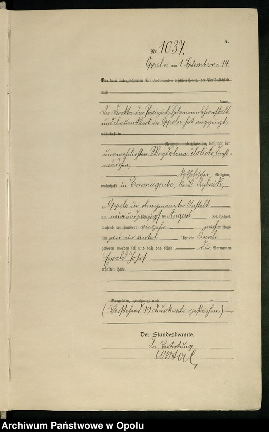 Obraz 9 z jednostki "Urząd Stanu Cywilnego Opole Księga Urodzeń Rok 1914 1034-1493"