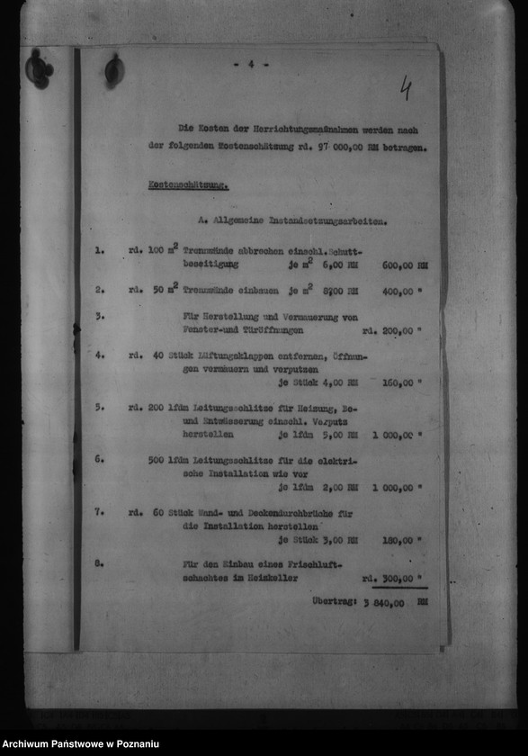 Obraz 8 z jednostki "Kostenüberschlag für Instandsetzungsarbeiten im Gebäude der Staatlichen Ingenieurschule, Posen, Bergerstr. 5."