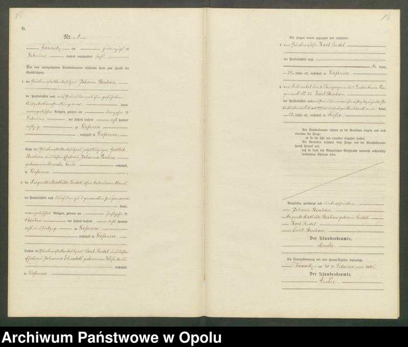 Obraz 11 z jednostki "Heiraths-Neben-Register Standesamts Koppitz pro 1906"
