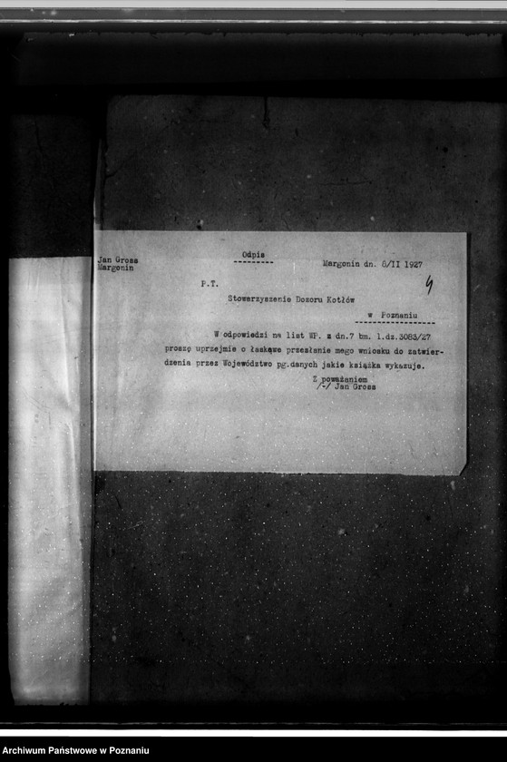 Obraz 8 z jednostki "Młyn parowy J. Grossa w Margoninie pow. Chodzieski /nadzór nad kotłem parowym nr fabr. 12618, woj. 5943/"