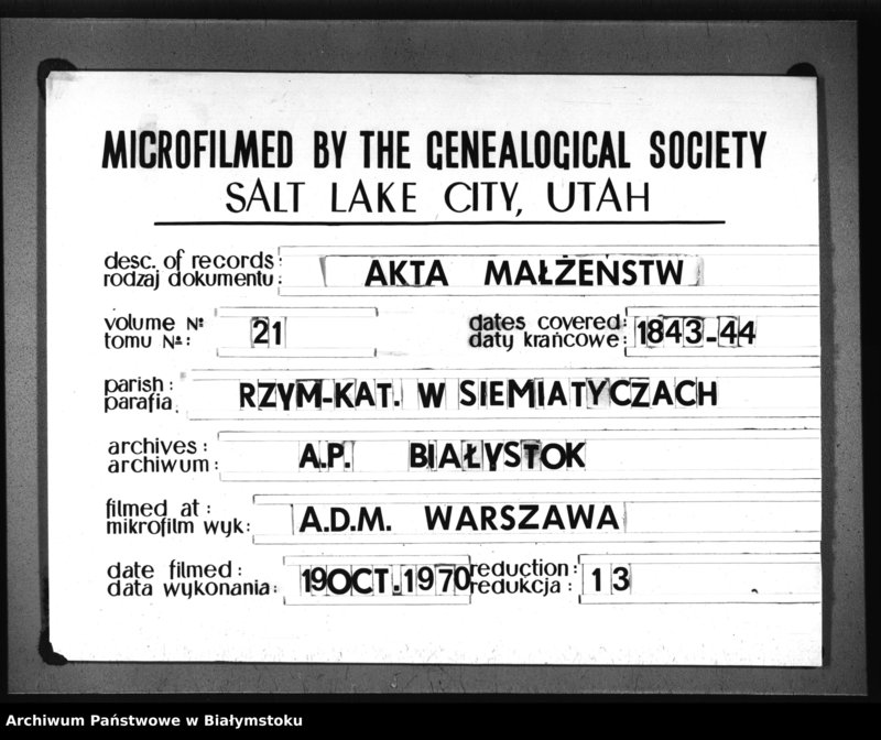 Obraz 1 z jednostki "Extrakty z metryk ślubów kościołów parafialnych w: Siemiatyczach, Ostrożanach, Dołubowie, Sadach, Niemirowie, Mielniku, Dziadkowicach"
