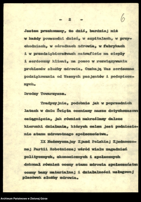 Obraz 8 z jednostki "Zdrowie. Przemówienia pracowników wydziału z okazji. Dnia pracownika służby zdrowia w latach 1982-1988, rocznic Wojewódzkiej Stacji Krwiodawstwa w 1978,1986; Sanepidu 1979, Sanatorium w Torzymiu w 1980, PKPS w 1984"