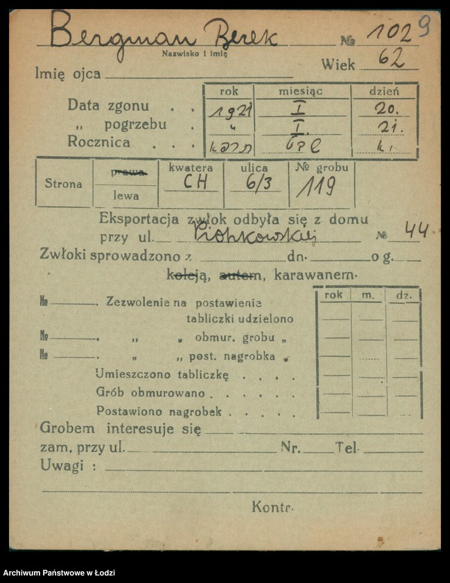 Obraz 10 z jednostki "Kartoteka osób pochowanych na cmentarzu żydowskim przy ulicy Brackiej w latach 1892-1955. Nazwiska na litery: Bergm-Berz"