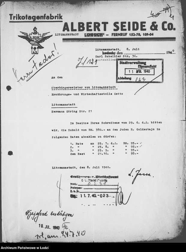 Obraz 8 z jednostki "J.121-135 [Wnioski Żydów w Getcie o zwrot długów za wzięty na kredyt towar przez kupujących]"