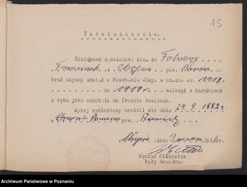 Obraz 17 z jednostki "Słupia Kapitulna, powiat Rawicz - indywidualne zaświadczenia o uczestnictwie w powstaniu."