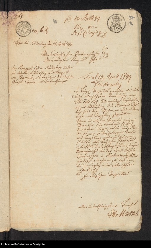 image.from.unit.number "In S. [Sachen] des Lieutenants Wilhelm Samuel Sigismund Boguslav von Lietzen. Den Verkauf seines adeliche Guts Lippau [Lipowo] H. [Haupt] Amts Neidenburg [Nidzica], am den Lieutnant George Gottlieb Wilhelmn von Unruh"