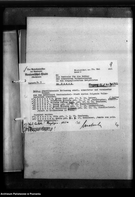 Obraz 13 z jednostki "Kreis Grätz (Grodzisk). Wykazy i korespondencja w sprawie miejscowych Niemców, którzy zginęli w 1939 roku"