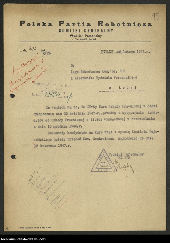 Obraz 16 z jednostki "Korespondencja [z Wydziałem Personalnym Komitetu Centralnego]"