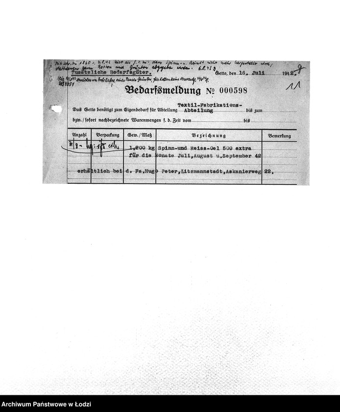 Obraz 14 z jednostki "Bedarfsmeldungen [Skierowane do GV zapotrzebowania na surowce, materiały, narzędzia, maszyny itp. potrzebne resortom pracy do produkcji; zamówienia żywności, lekarstw]"