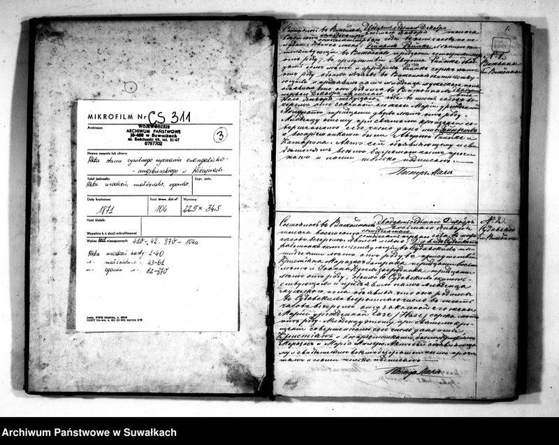 Obraz 3 z jednostki "Kniga Duplikat dlja zapiski aktov graždanskogo sostojanija o rodivšichsja, brakosočetavšichsja i umeršich v Jevangeličesko-Augsburgskom Prichode v posade Vižajny na 1871 god"