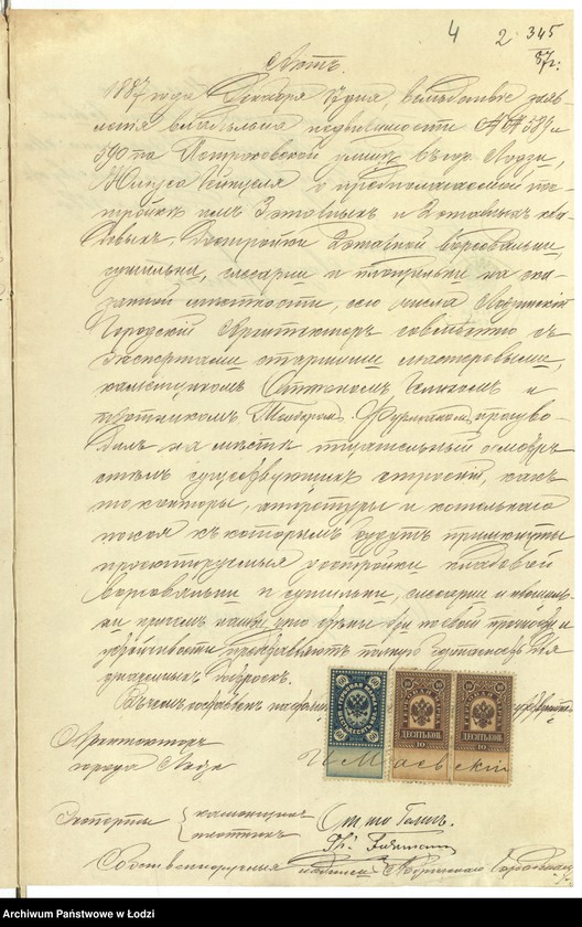 image.from.unit.number "O postrojkě, Ûlìusom˝ Gejncel˝, dvuh˝ kamennyh˝ 3h˝ ètaž[nyh] i 2h˝ ètaž[nyh] kladovyh˝, dostrojkě I-no ètaž[noj] vorsoval´ni, sušil´ni, slěsarni, plošil´ni i poměŝenìâ dlâ filtra, pod˝ No 589 i 590 po Petrokovskoj ul[ice] v˝ g[orode] Lodzi"