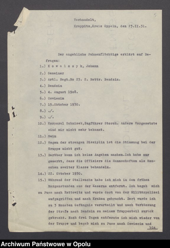 Obraz 6 z jednostki "[Zezwolenie na pobyt - dezerter Johann Kowalczyk, ur. 4. 08. 1908 w Oświęcimiu]"