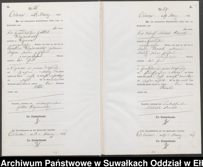 image.from.unit.number "Geburts-Neben-Register des Preussischen Standes-Amtes Orlowen Kreis Loetzen für das Jahr 1888"