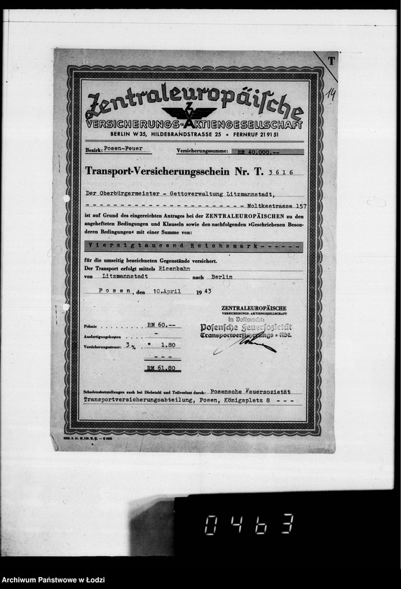 Obraz 20 z jednostki "[Polisy ubezpieczeniowe od ognia towarów w czasie transportu"