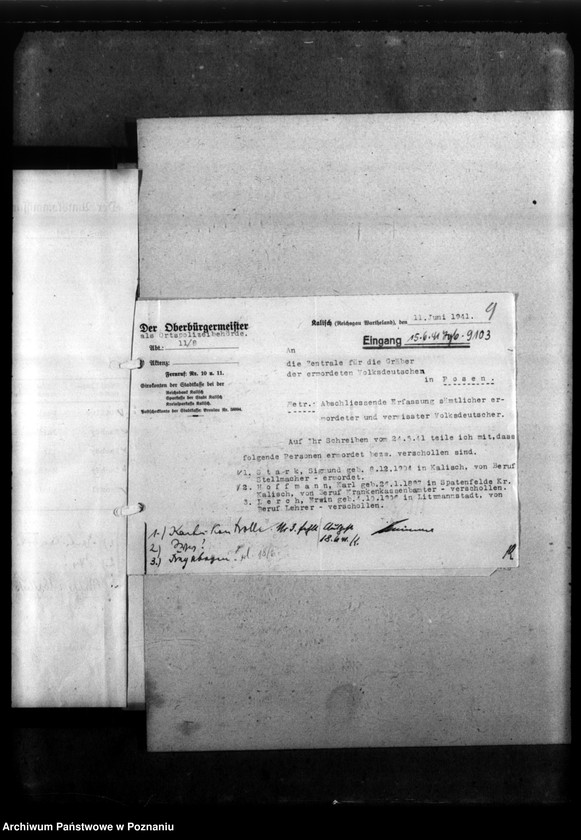 Obraz 13 z jednostki "Kreis Kalisch (Kalisz). Korespondencja w sprawie miejscowych Niemców, którzy zginęli w 1939 roku"
