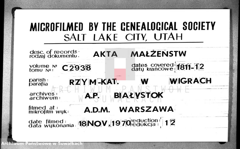 Obraz 1 z jednostki "Akta małżeństwa gminy wigierskiey od 1-go maja 1811 do dnia ostatniego kwietnia 1812 roku"