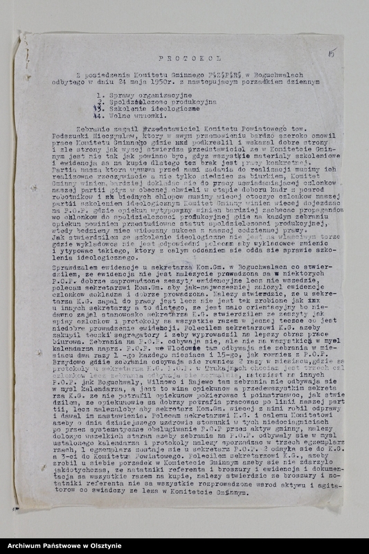 image.from.unit.number "Protokoły zebrań wyborczych i walnych zebrań członków /1951/, posiedzeń plenarnych ,egzekutywy, narad aktywu partyjnego, sprawozdania, ankiety sprawozdawcze /1949-1954/ Komitetu Gminnego PZPR"