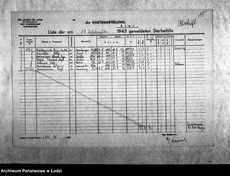 Obraz 18 z jednostki "[Odpisy dziennych list zgonów wysłanych do Wydziału Kart]"