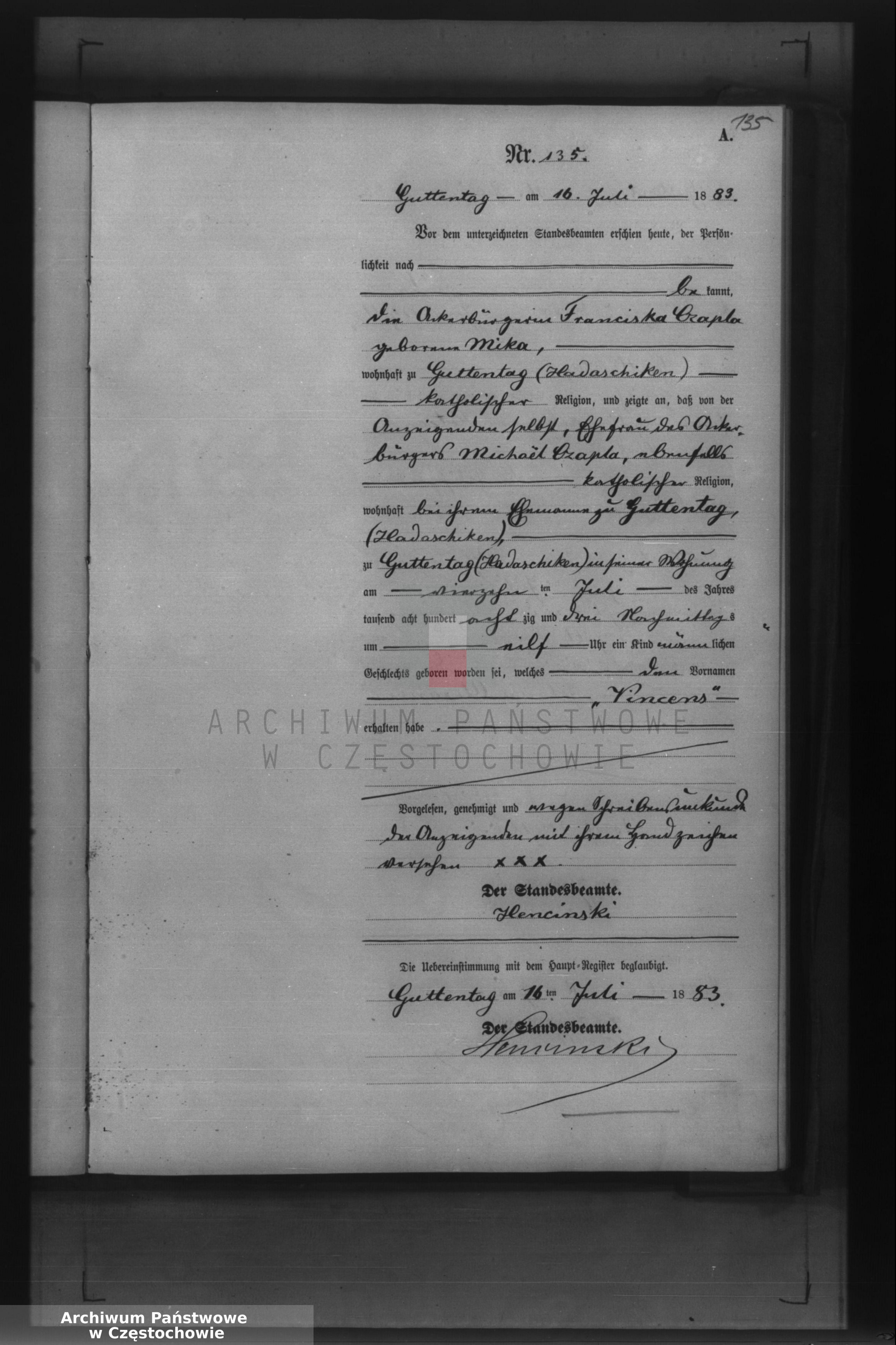Skan z jednostki: Geburts - Neben Register des Königlich Preussischen Standesamts Guttentag im Kreise Lublinitz pro 1883.