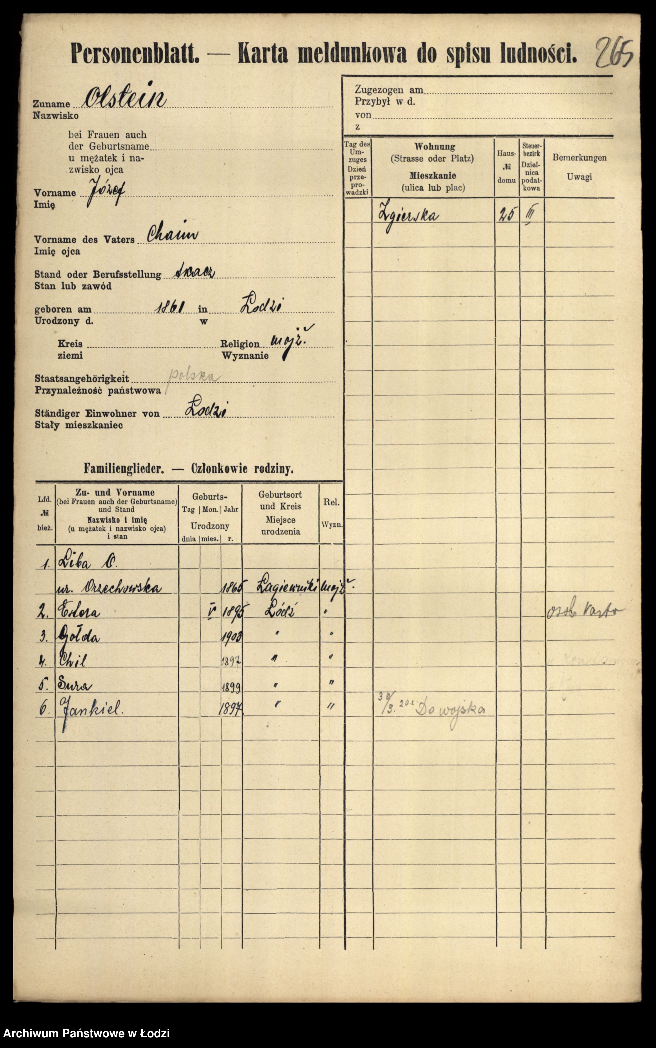 Skan z jednostki: [Spis ludności Łodzi] Olszer-Olszacki