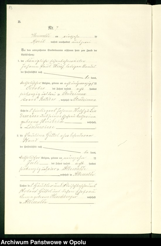 Obraz 17 z jednostki "Heiraths-Neben-Register des Standesamts Altewalde pro 1902"