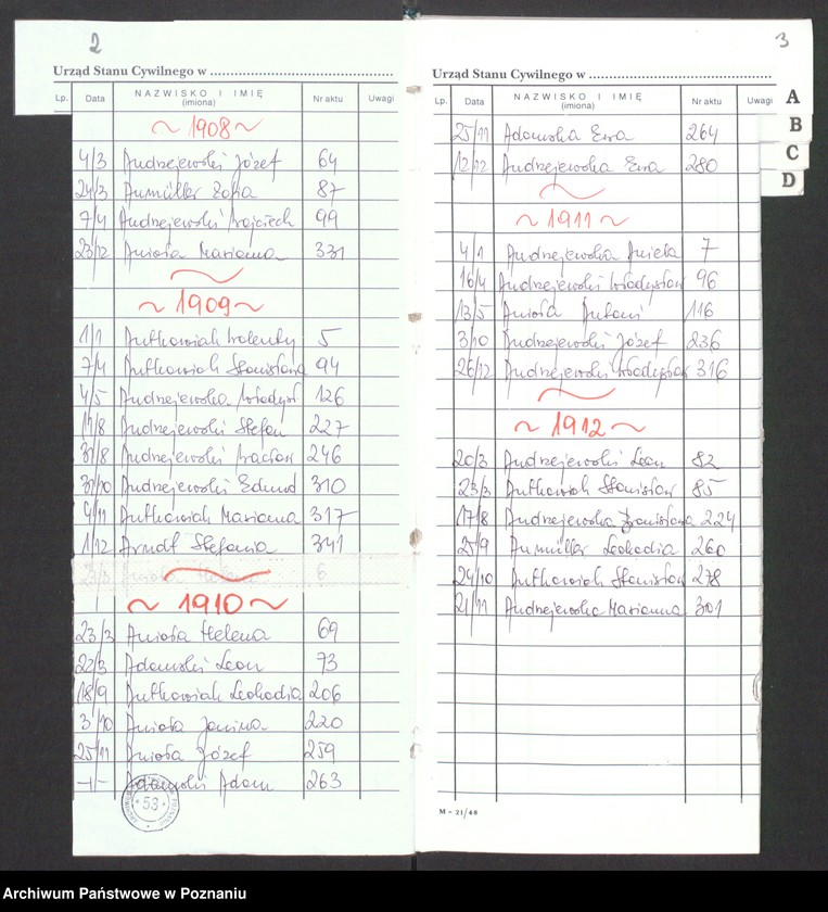 Obraz 4 z jednostki "[Skorowidz alfabetyczny do akt urodzeń za lata 1905-1912]"