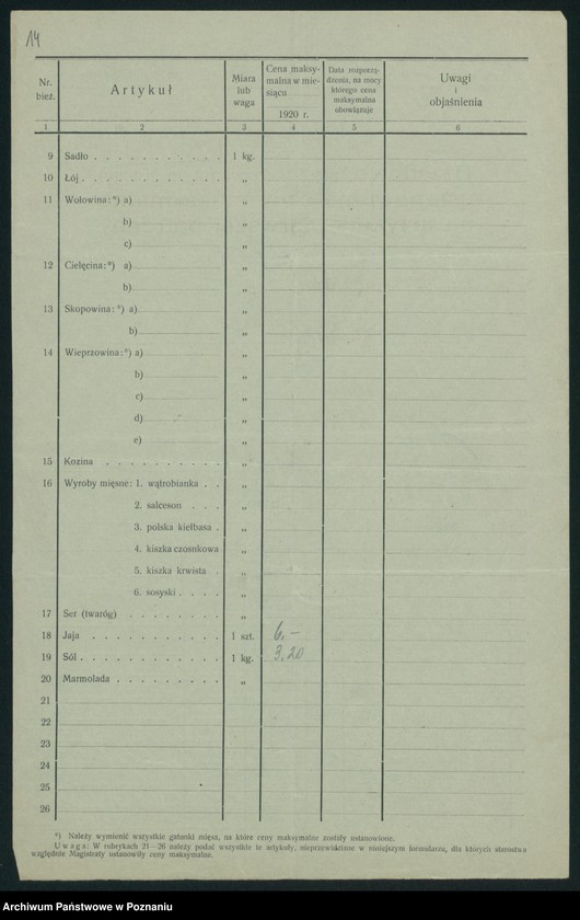 Obraz 16 z jednostki "[Wykazy urzędowo ustanowionych cen maksymalnych na artykuły pierwszej potrzeby na terenie Województwa Poznańskiego za miesiąc grudzień 1920 roku]"