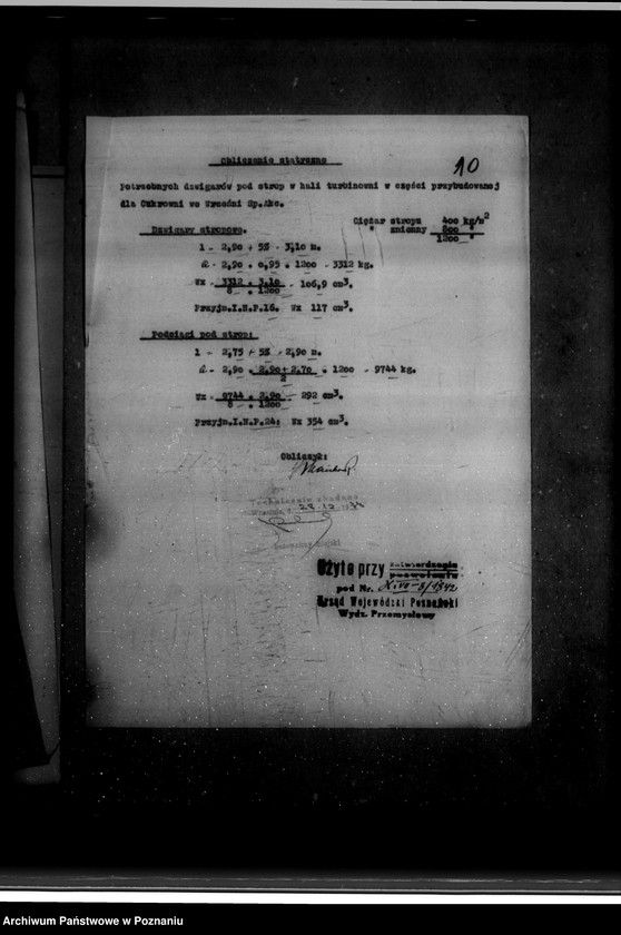 Obraz 14 z jednostki "Obliczenia statystyczne rusztu, słupów, stopy fundamentowej pod turbiną, stropu i dachu w hali turbinowni Cukrowni we Wrześni Spółka Akcyjna"