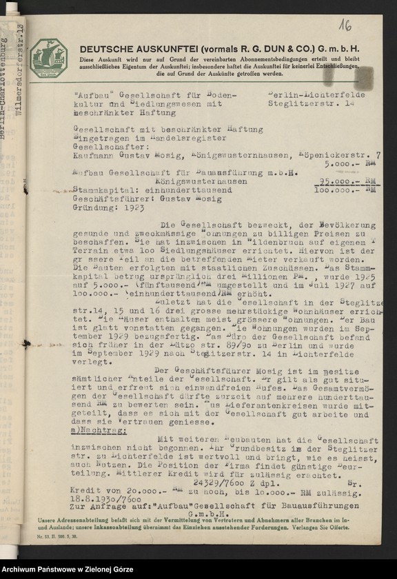 image.from.unit.number "[Informacja przemysłowo-handlowa agencji Deutsche Auskunftei z lat 1926-1932 dot. danych przedsiębiorstw korzystających z usług książęcego urzędu Budowlanego w Żaganiu]"