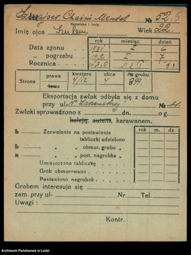 Obraz 6 z jednostki "Kartoteka osób pochowanych na cmentarzu żydowskim przy ulicy Brackiej w latach 1892-1957. Nazwiska na litery: Szn-Szt"