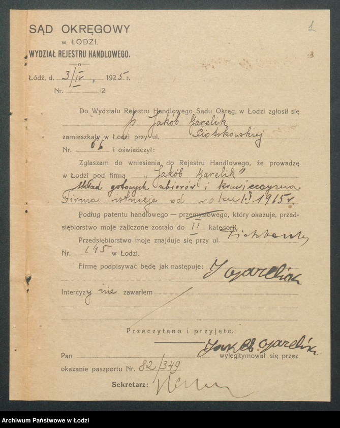 Obraz 3 z jednostki "Jakób Garelik- skład gotowych ubiorów krawieckich"