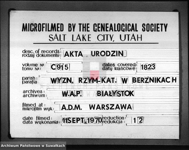 Obraz 1 z jednostki "Akta Urodzonych Gminy Berznickiey Roku 1823 od 1-go Stycznia do 31 Grudnia"