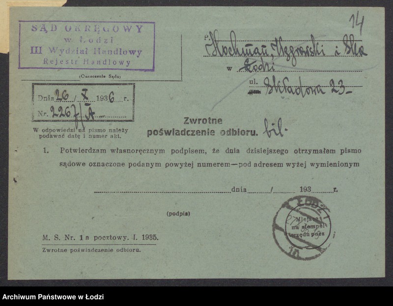 Obraz 16 z jednostki "Samuel Hochman, Samuel Węgrowski i S-ka- prowadzenie fabryki i sprzedaż towarów manufakturowych"