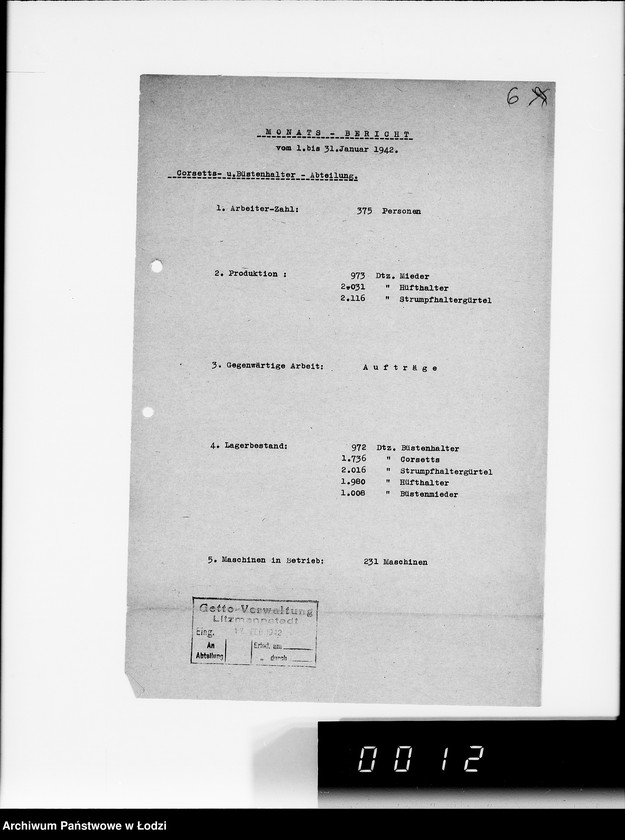 Obraz 10 z jednostki "Organisations im Getto. [Sprawozdania z działalności resortów i wydziałów administracji gettowej; produkcja, ruch ludności, sprawy policyjne]"