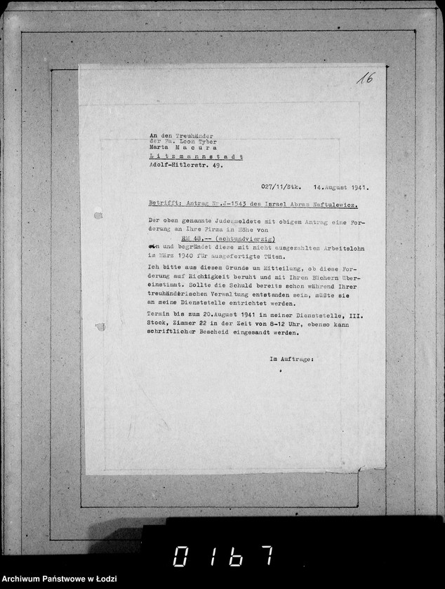 Obraz 20 z jednostki "J 1541-1560 [Wnioski Żydów z Getta o zwrot należności za towar wzięty na kredyt]"