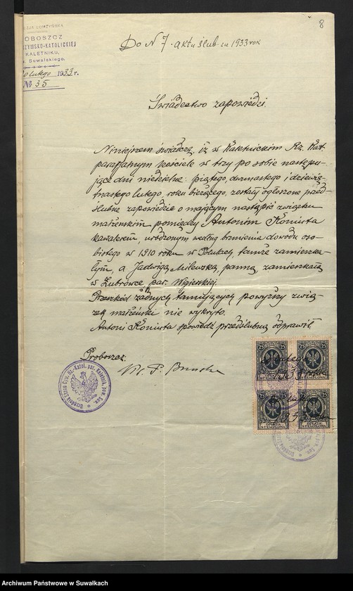 Obraz 10 z jednostki "Aneksa Aktów Ślubnych w Rz-Katolickiej Parafji Wigierskiej za 1933 rok"